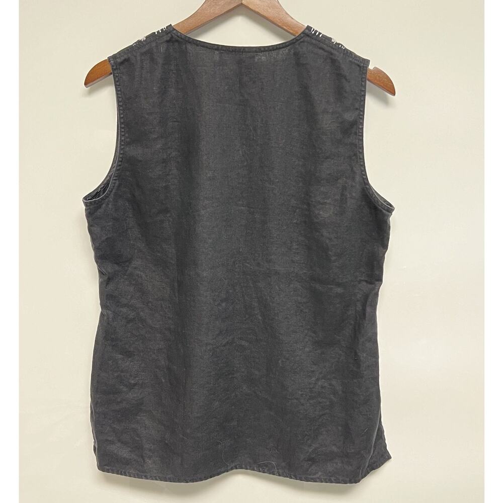 Black 100% Linen White Embroidery Sleeveless Top Medium Boho Lagenlook Timeless - Picture 6 of 11